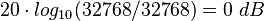 <math> 20 \cdot log_{10}(32768/32768) = 0 \ dB </math>